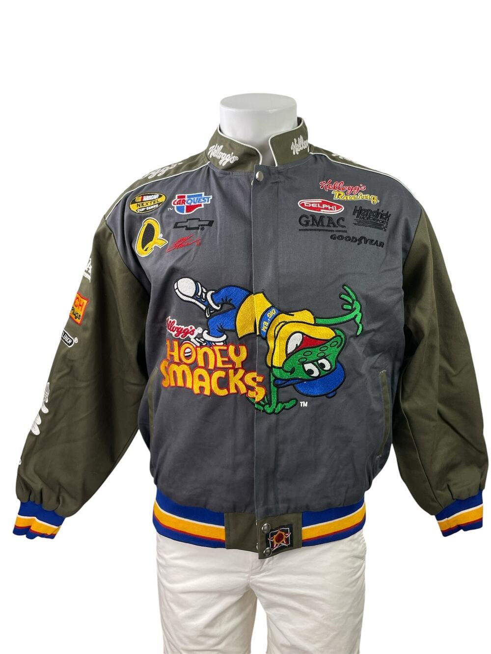 Vintage JH Design NASCAR Kellogg's Honey Smacks Gray Green Racing Bomber Jacket